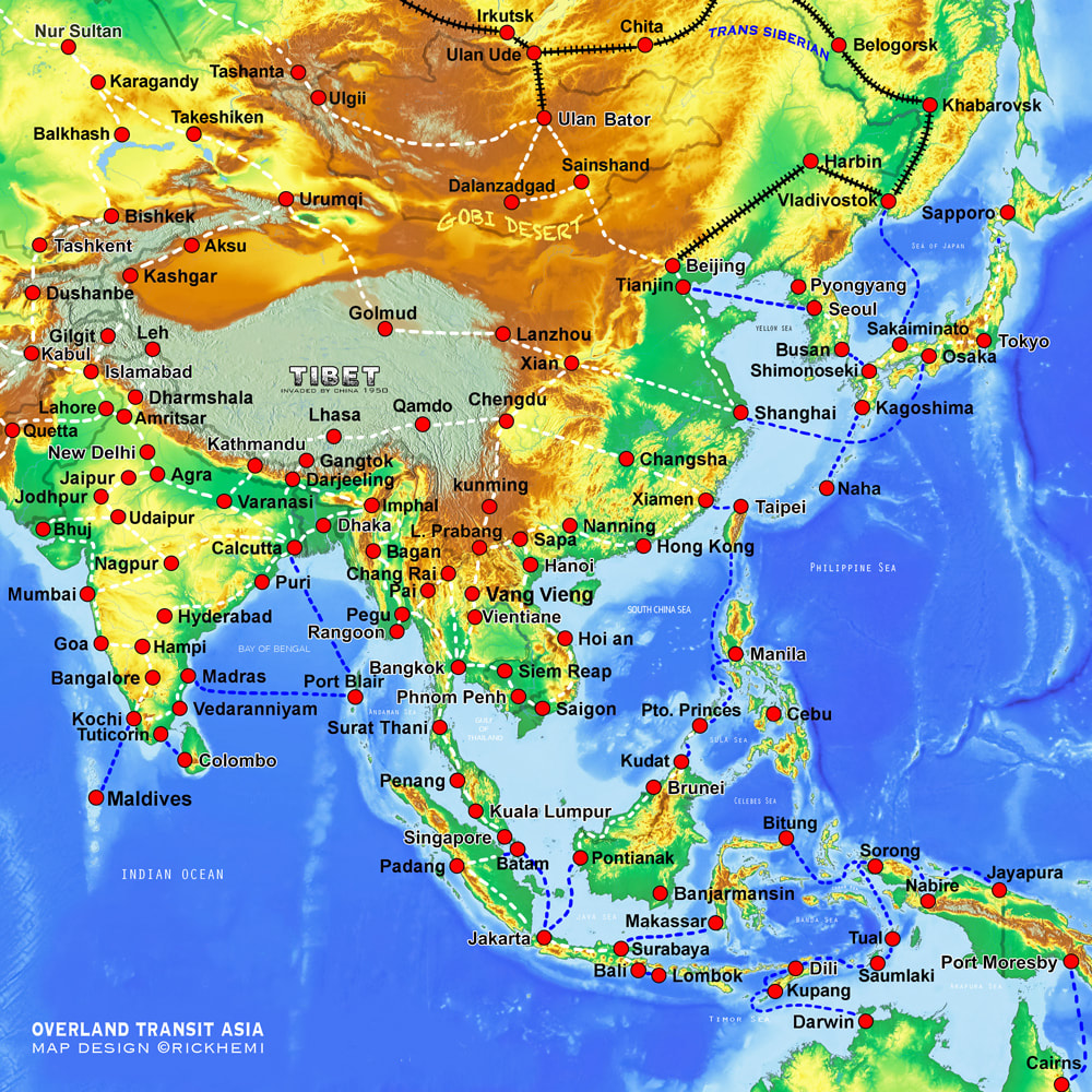 Asia solo overland travel and transit route map, north, south, east Asia overland routes, Tokyo to Singapore overland, ferry boats From Japan to Russia, Japan to Taiwan, Taiwan to China, Taiwan to Philippines by ferry, map design by Rick Hemi