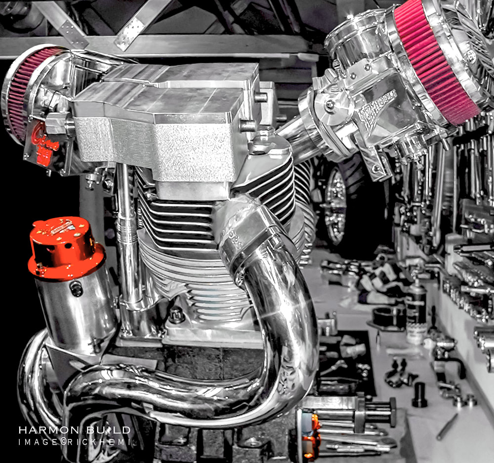 Rick Hemi's workshop, John Harmon 120 cubic inch Shovelhead engine, rebuilding a John Harmon Shovelhead 120 cubic inch engine, custom homemade rocker-boxes on a Shovelhead Harmon engine, Rick Hemi's Harmon Shovelhead, image by Rick Hemi