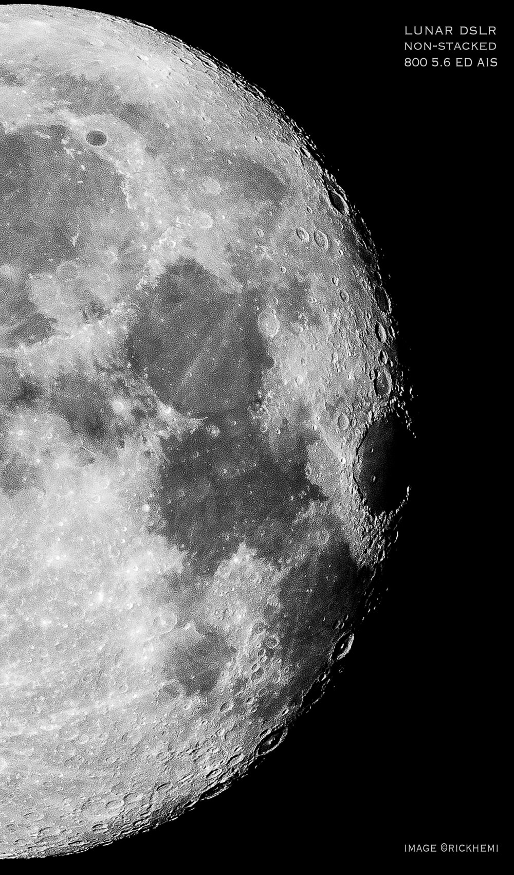 lunar capture, manual focus Nikkor 800 5.6 ED AIS 1986 prime lens, DSLR image by Rick Hemi