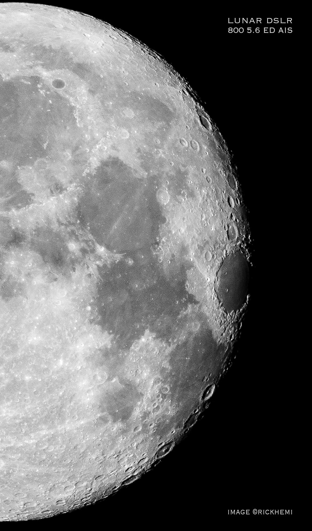 lunar image, Nikkor Nikon manual focus 800mm 5.6 ED-IF AIS lens, DSLR image by Rick Hemi