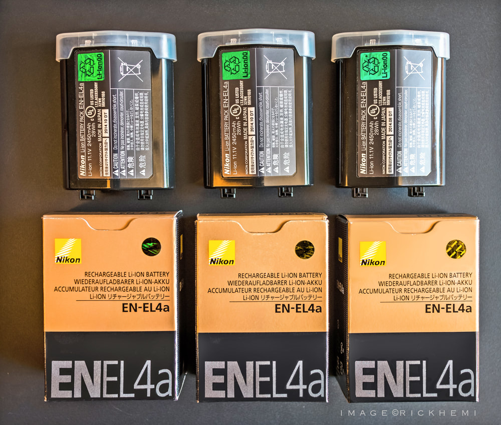 overland travel photo gear stuff, Nikon EN_EL4a OEM replacement batteries for the D3-D3S-D3X, image by Rick Hemi