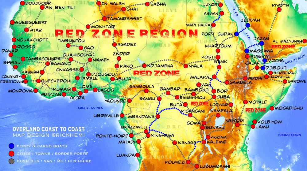 solo overland travel and transit Africa coast to coast route map Africa, map design by Rick Hemi