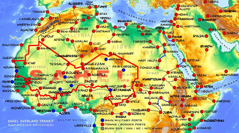 solo-overland-travel-and-transit-route-map-red-zone-regions Africa, map design by Rick Hemi