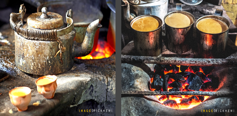 overland travel and transit India, hot coal milk chai brew India, images by Rick Hemi