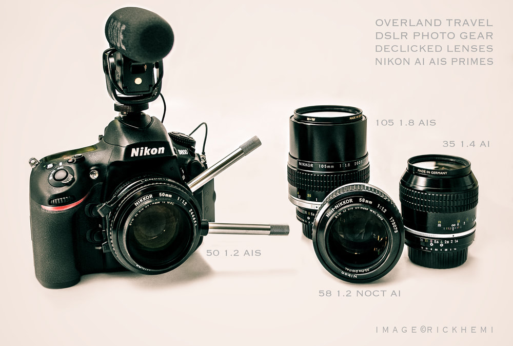 solo overland travel, camera photo gear stuff, Nikon Ai AIS declicked lenses, image by Rick Hemi