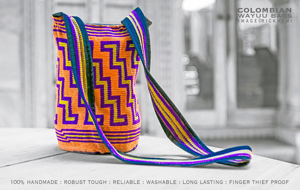 solo overland travel and transit offshore, Colombian hand made Wayuu Mochila bags, image by Rick Hemi 