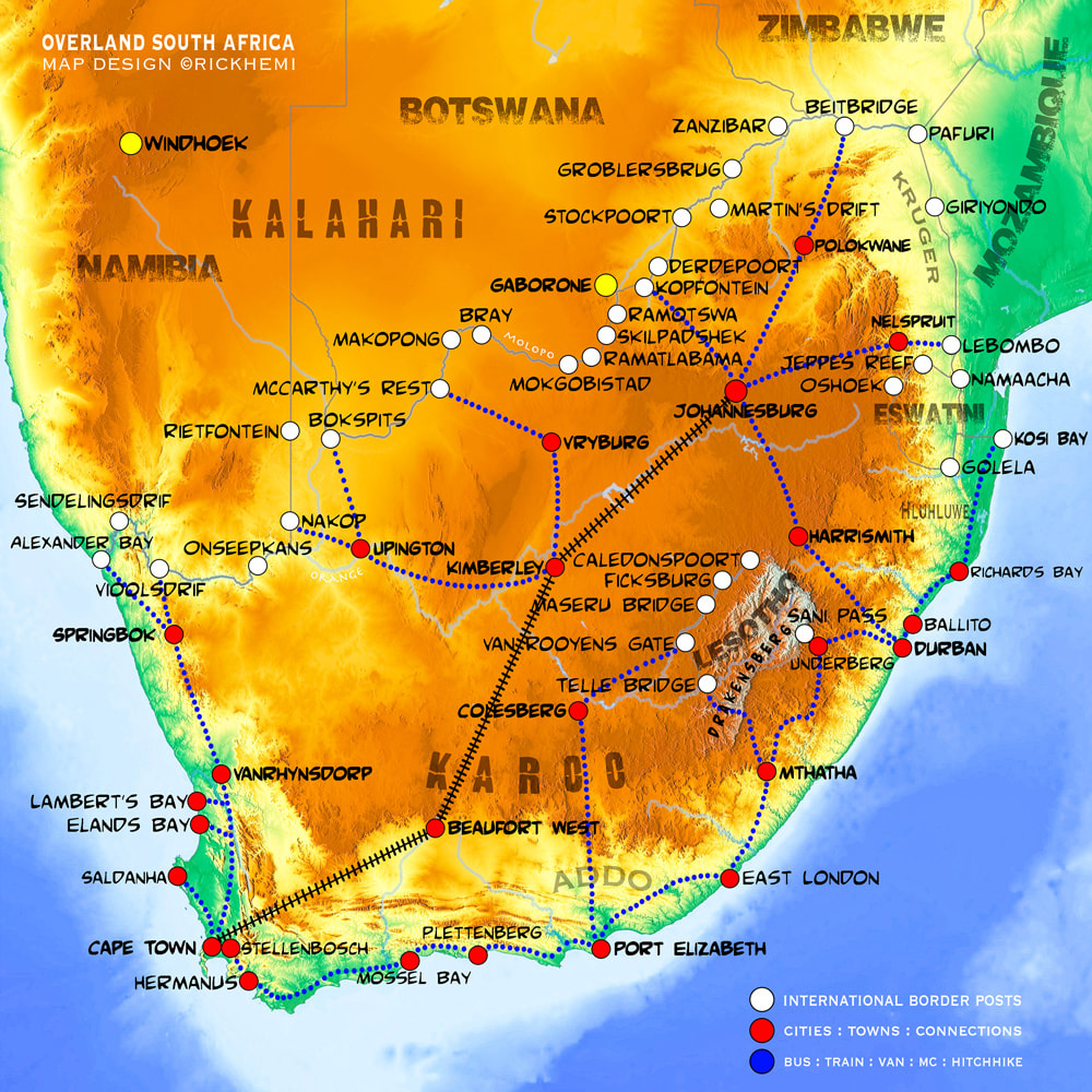 SOUTH AFRICA overland travel and transit route map, South Africa international land border crossings, map design by Rick Hemi 