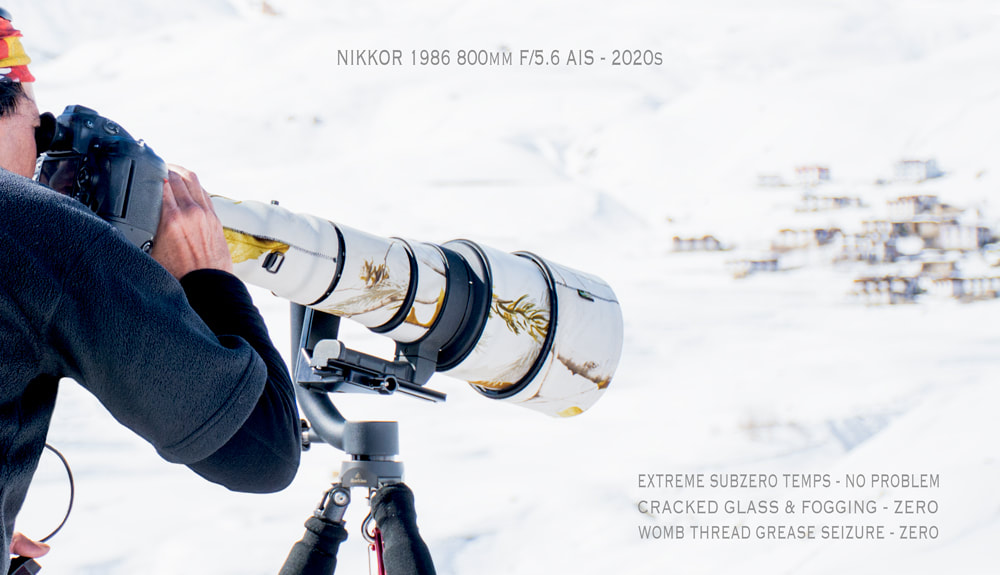 solo overland travel offshore, Nikon Nikkor 800mm f/5.6 AIS lens 2020,  location shot 4000 metres midwinter, extreme subzero 2020s