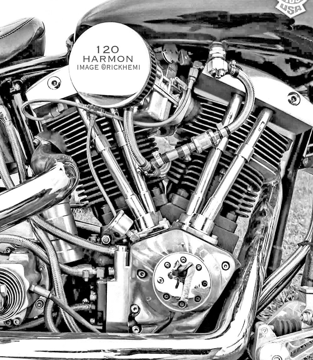 John Harmon Shovelhead engine, big cube Shovelhead, classic American Big Twin Iron, hardtail Big Big Twin Shovelhead 120, image by Rick Hemi