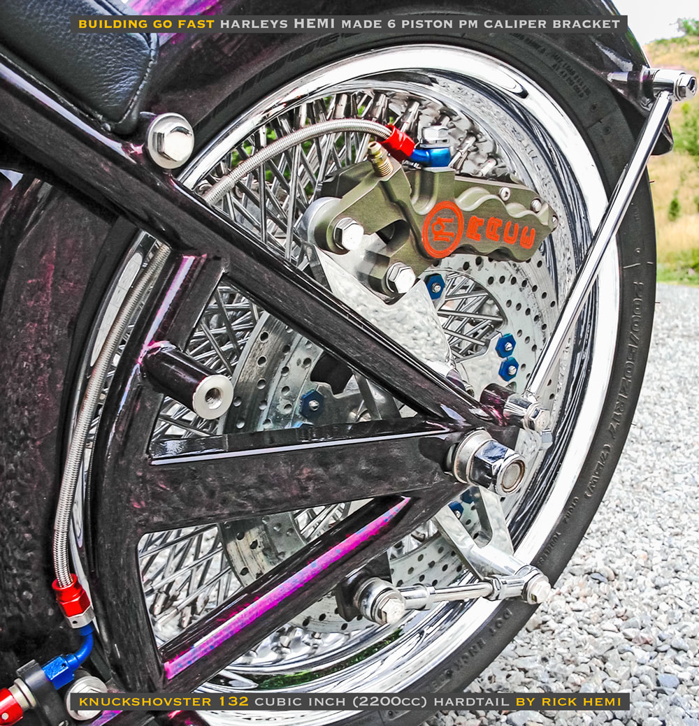 about page Rick Hemi, custom Harley hardtail do it yourself rear brake 6 piston calliper bracket, image by Rick Hemi