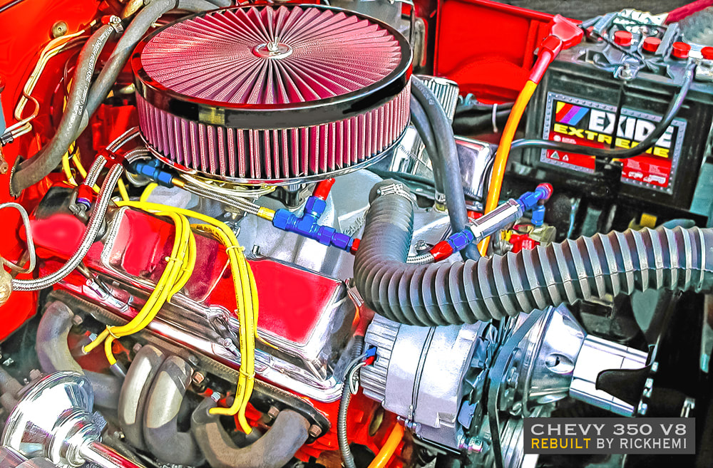 about page Rick Hemi, rebuilt blueprinted Chevy 350 V8, engine image by Rick Hemi