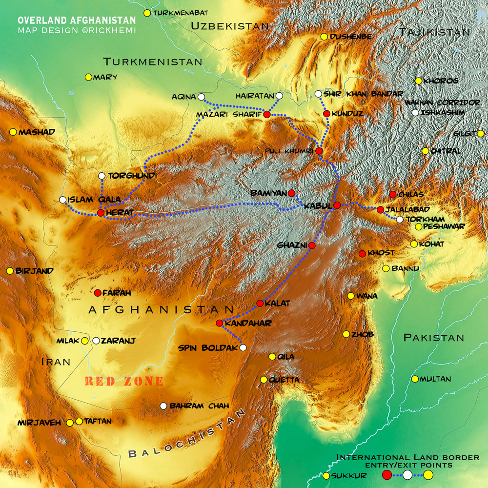 AFGHANISTAN solo overland travel & transit map, Afghanistan border post crossings, Iran, Pakistan, Turkmenistan, Uzbekistan, Tajikistan, China, map design by Rick Hemi