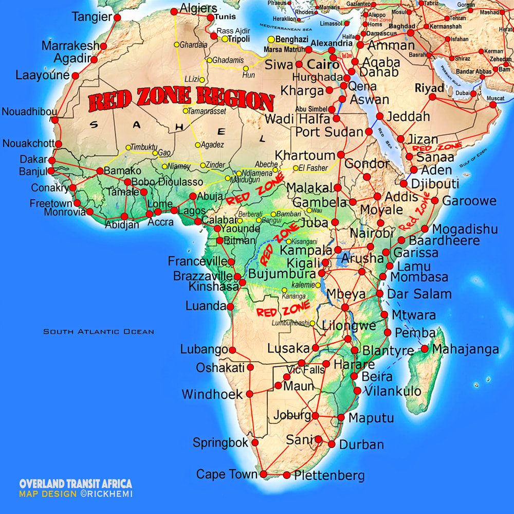 AFRICA solo overland travel transit route map, map design by Rick Hemi