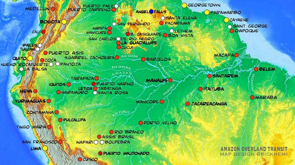 overland travel and transit Amazon ferry boat routes, Brazil, Venezuela, Colombia, Peru, Ecuador, map by Rick Hemi