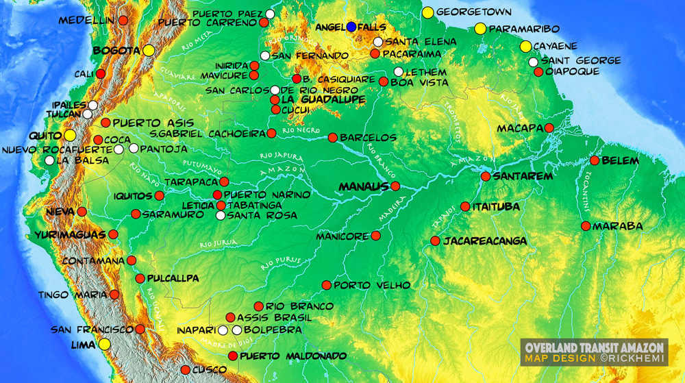 Amazon solo travel riverboat journey routes, Colombia, Peru, Ecuador, Brazil, Venezuela, map design by Rick Hemi