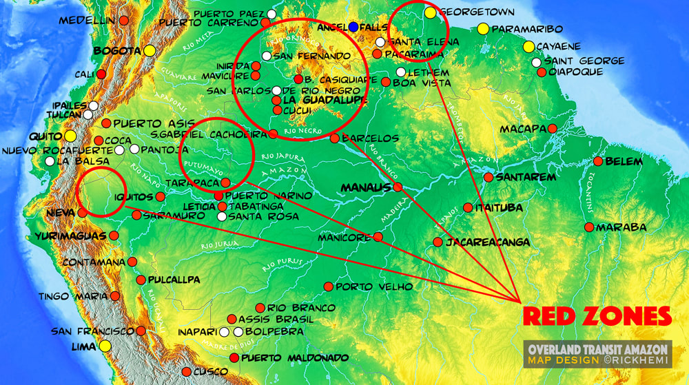 solo overland travel and transit Amazon, red zones Amazon, map design by Rick Hemi 