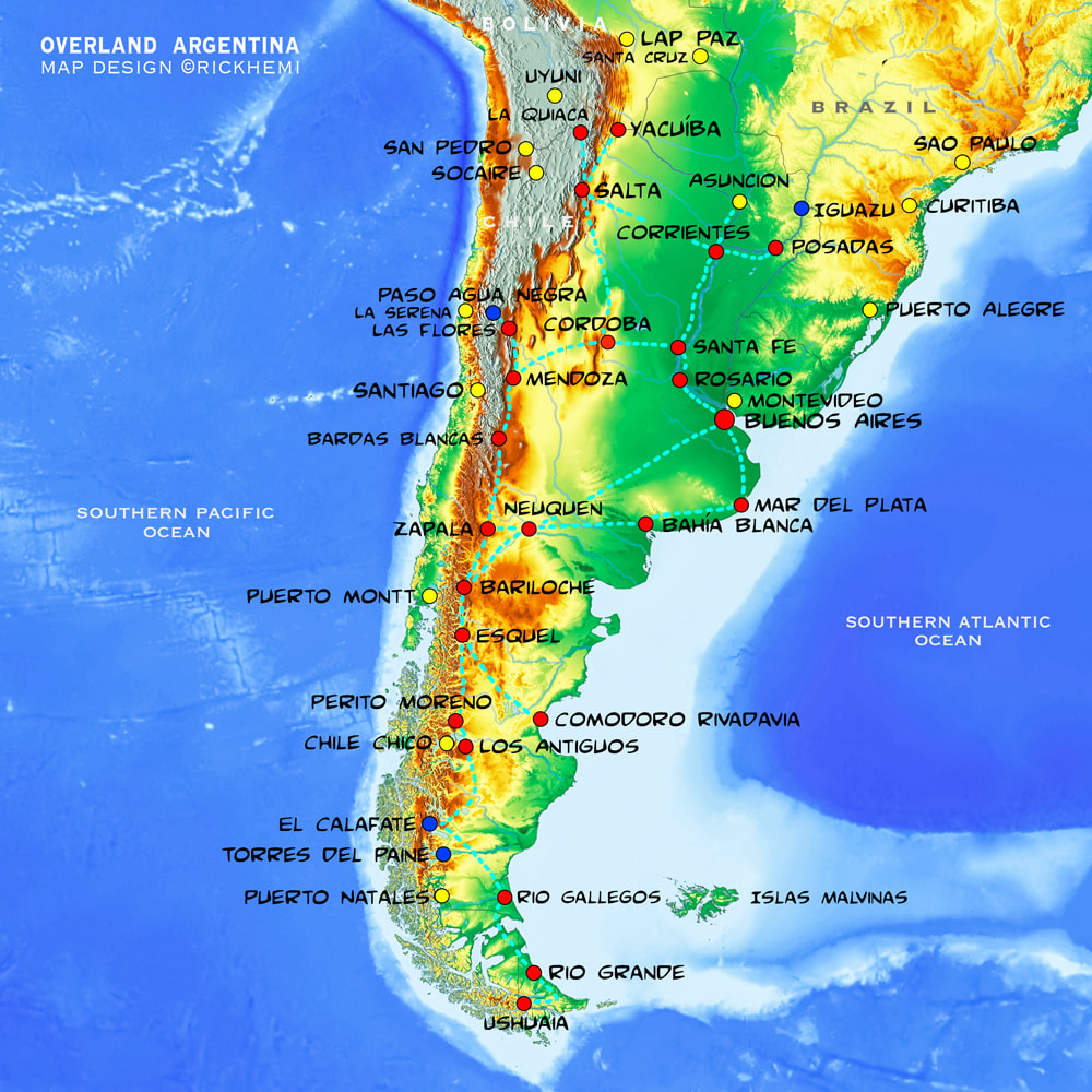 Argentina solo overland travel transit route map, international border crossings, map by Rick Hemi