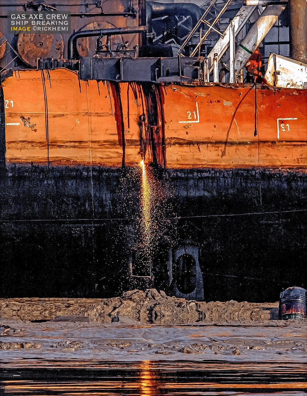 Asia solo overland travel photography, ship breaking gas axe crew image by Rick Hemi