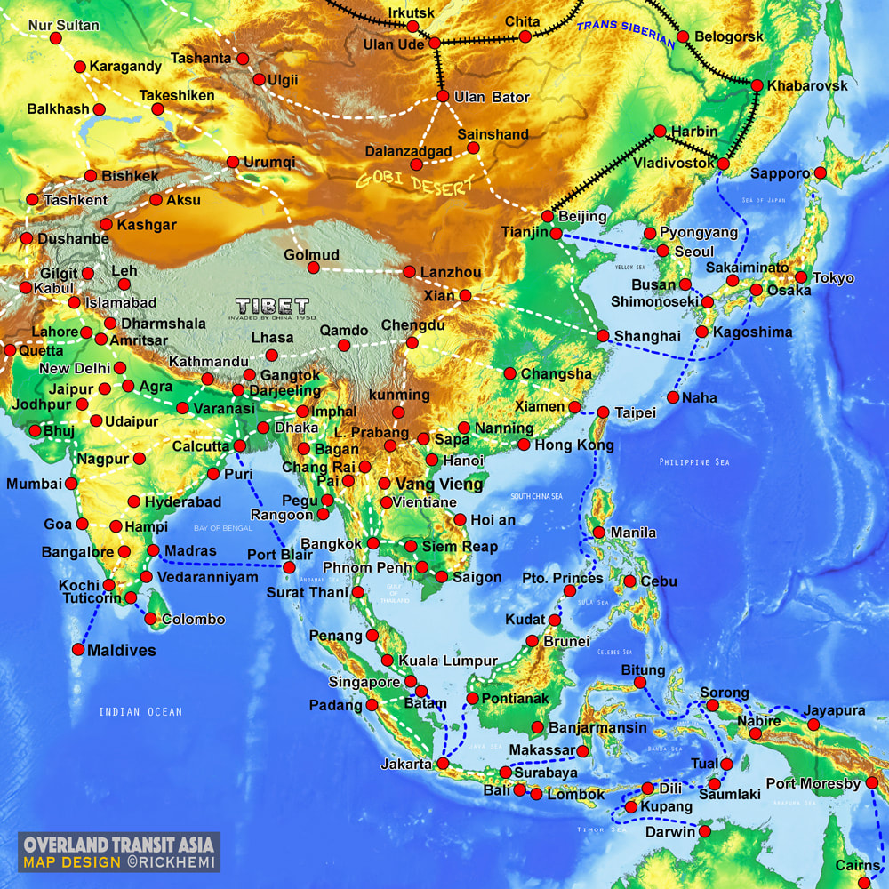 Asia solo overland travel and transit map routes, solo travel map Asia, Asia travel and transit map complete 
