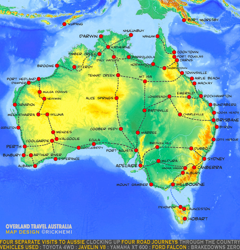 solo overland travel and transit self-driving routes through Australia, map design and image by Rick Hemi