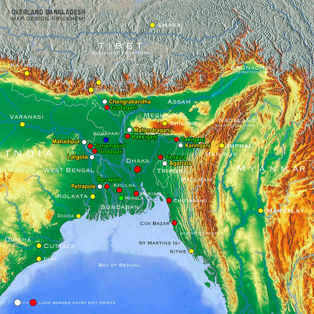 Bangladesh overland travel, Bangladesh land border crossings, India, Tripura, Meghalaya, Assam, map by Rick Hemi