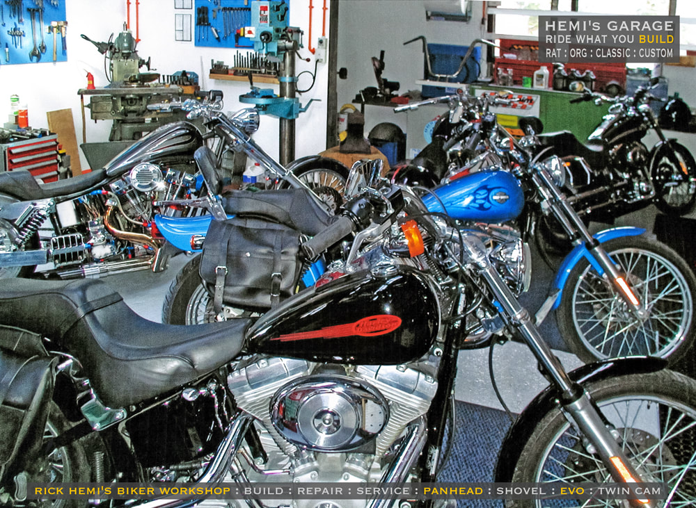 workshop Harley Big twin biker garage, image by Rick Hemi
