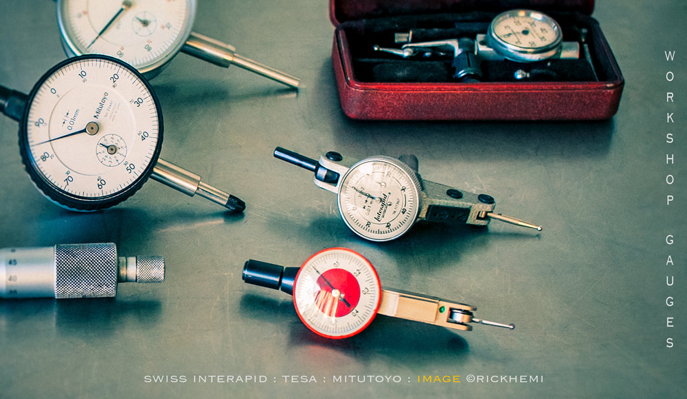 American biker, classic machine workshop dial gauges, Swiss Interapid, Swiss Tesa, Mitutoyo, image by Rick Hemi 