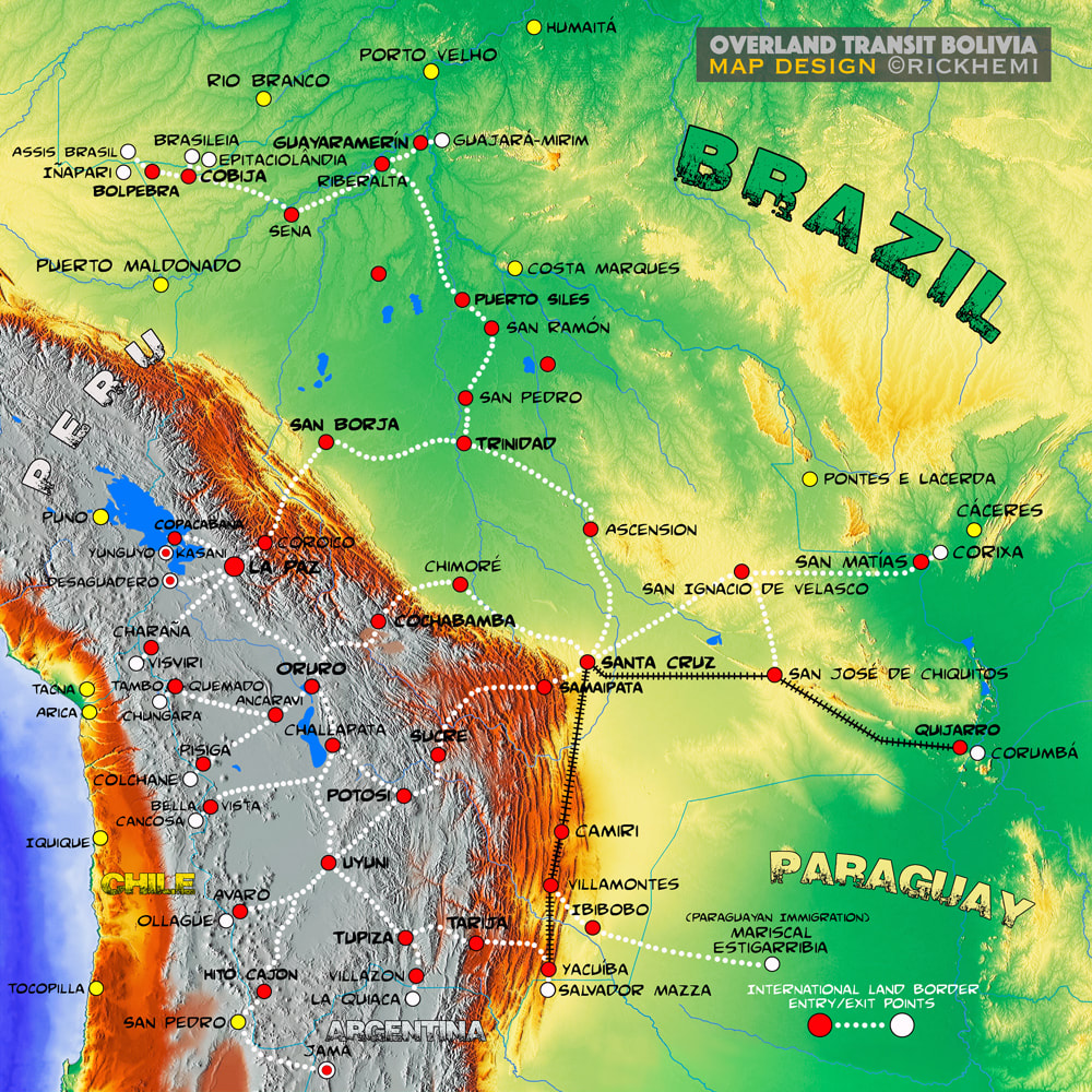 Bolivia solo overland travel and transit route map, international land border entry/exit points-Brazil, Paraguay, Peru, Argentina, Chile, image map design by Rick Hemi