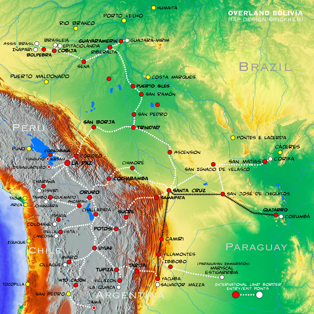 BOLIVIA international land border crossing points, solo travel Bolivia, route map Bolivia, map design by Rick Hemi