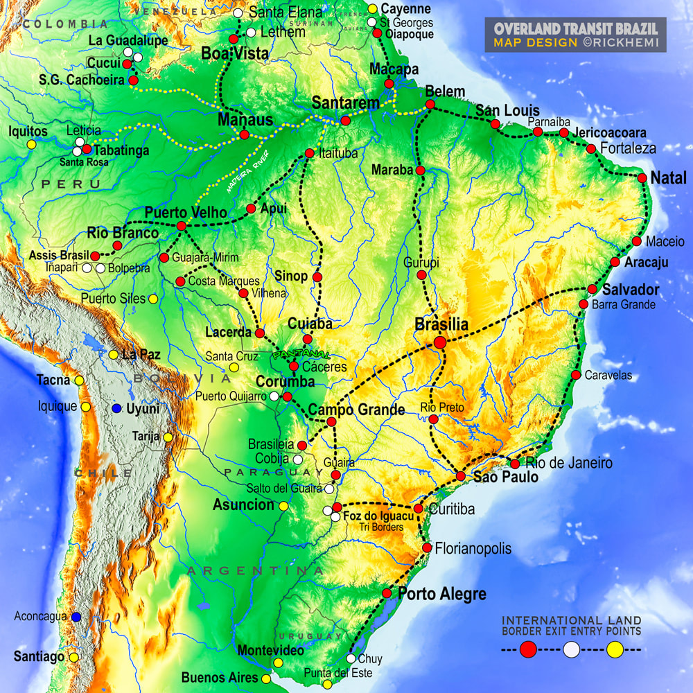 Brazil solo overland travel route map, international entry-exit border crossings, map design image by Rick Hemi  