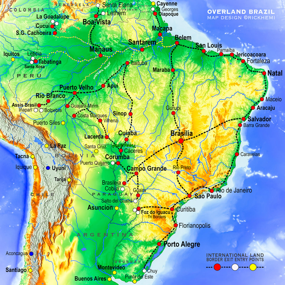 BRAZIL solo overland travel transit route map, overland border crossings, map design by Rick Hemi