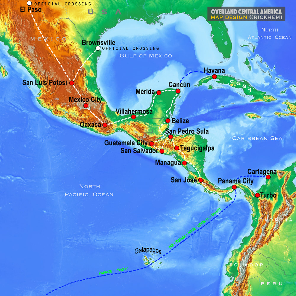 Central America solo overland travel transit route map, map design by Rick Hemi