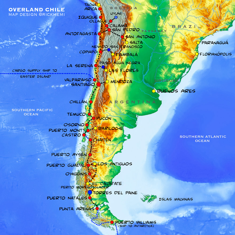 Chile solo overland travel transit route map, international land border crossings, map by Rick Hemi