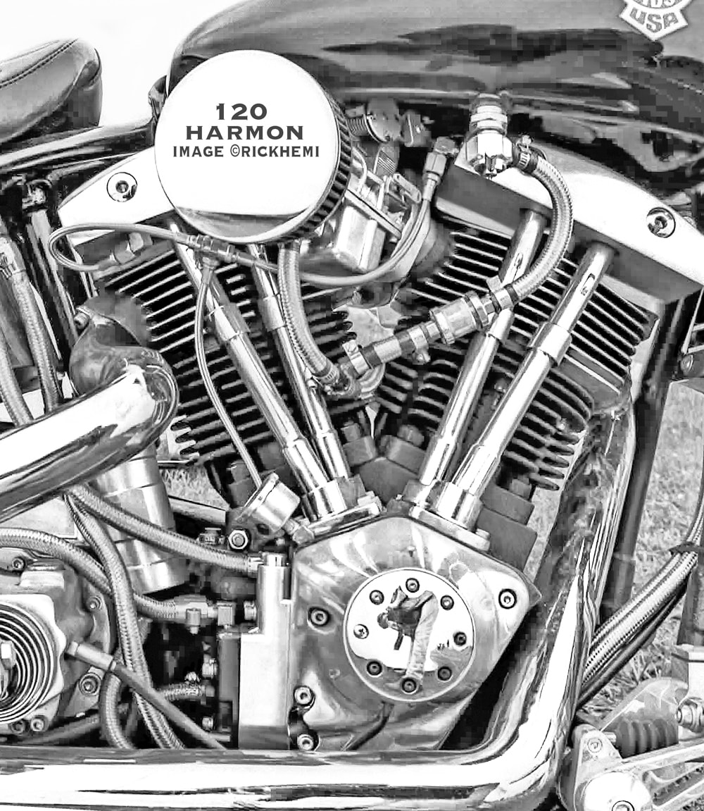 John Harmon Shovelhead engine, big cube Shovelhead, classic American Big Twin Iron, hardtail Big Big Twin Shovelhead 120, image by Rick Hemi