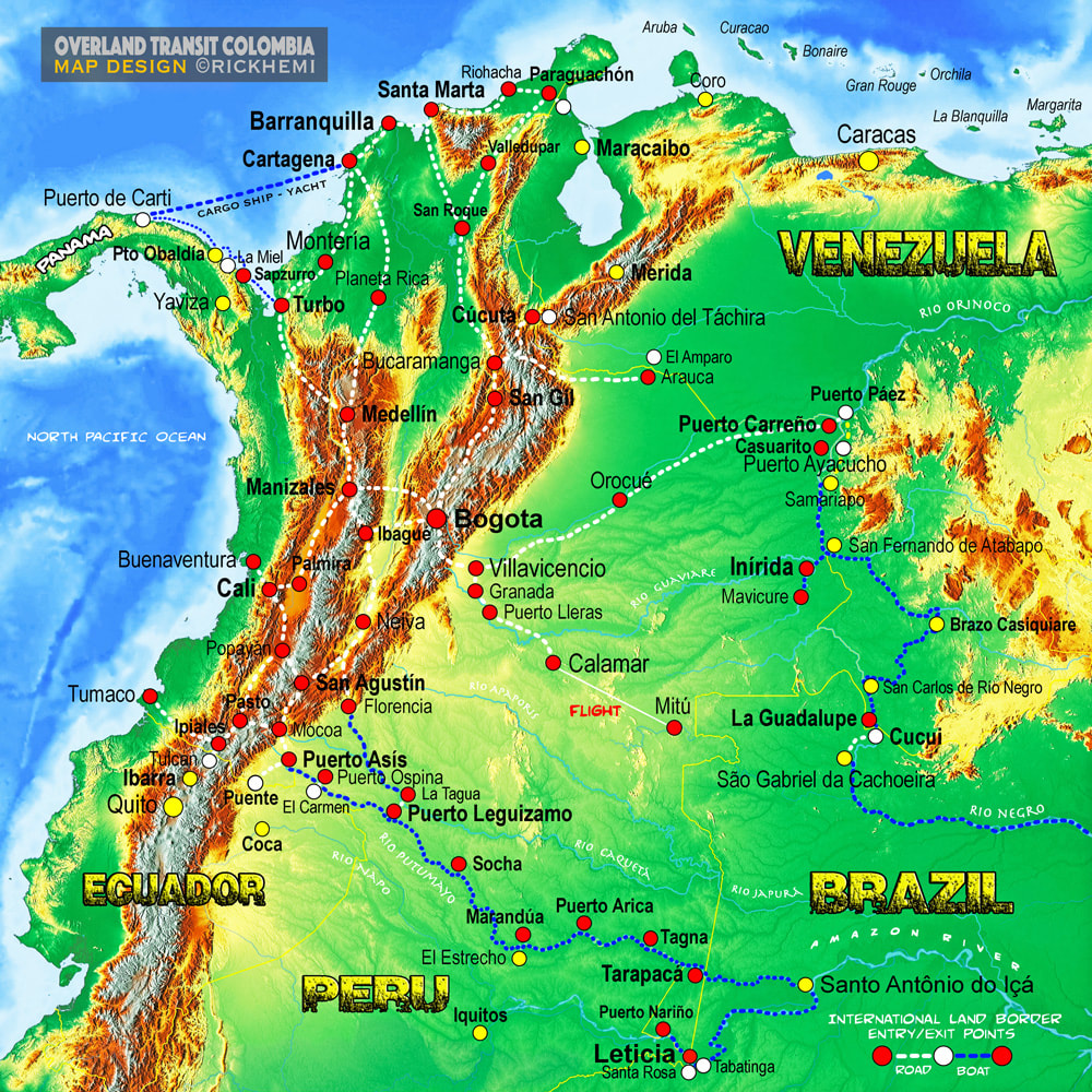 solo overland travel Colombia, international entry-exit border crossings, map design by Rick Hemi