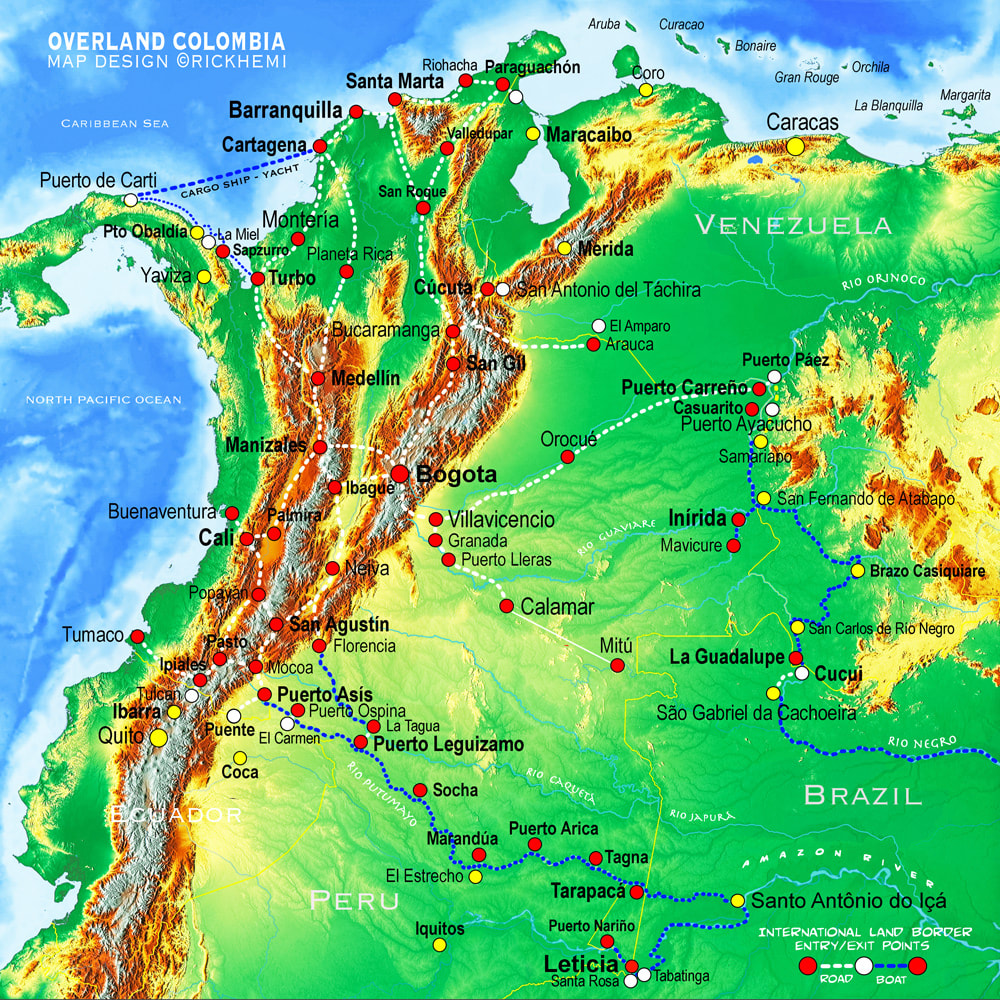 Colombia solo overland travel and transit route map, international border crossings, Brazil, Venezuela, Ecuador, Peru, Puerto Asis-Leticia Putumayo, map image by Rick Hemi 