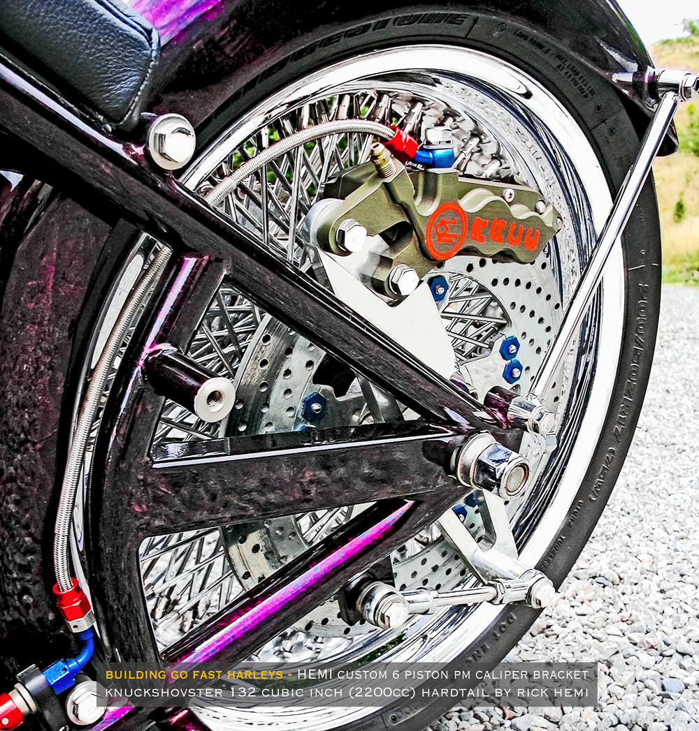 about page Rick Hemi, custom Harley hardtail do it yourself rear brake 6 piston calliper bracket, image by Rick Hemi