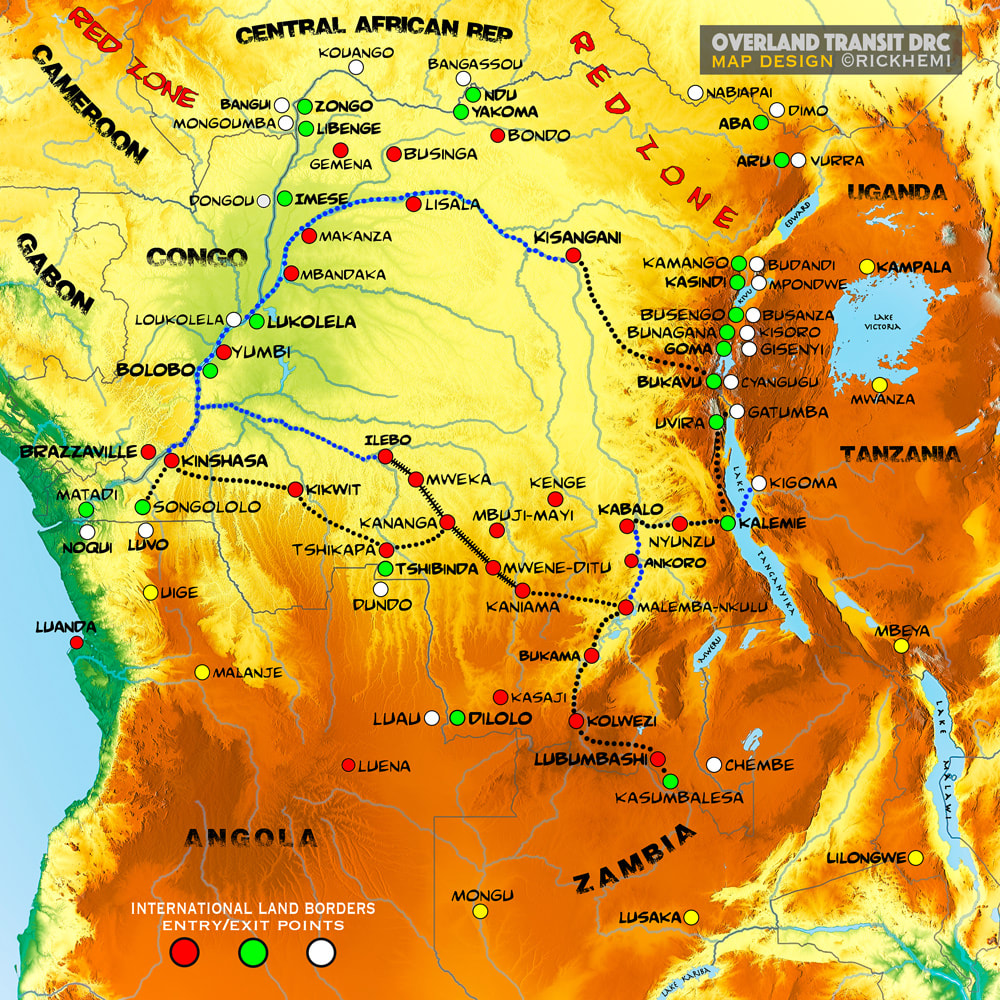 solo overland travel and transit DRC route map, image design by Rick Hemi