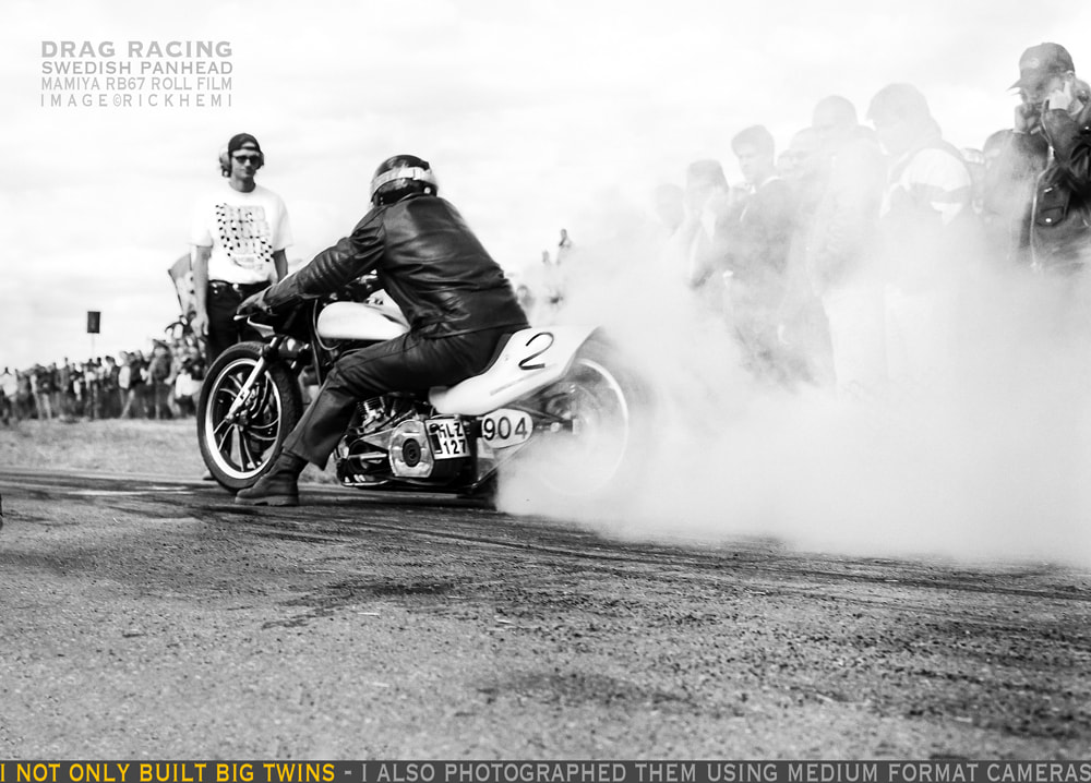 drag racing panhead, Mamiya RB67 roll film days, image by Rick Hemi