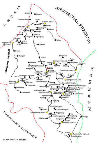 Nagaland, Mon district Konyak village locations, image map by Rick Hemi