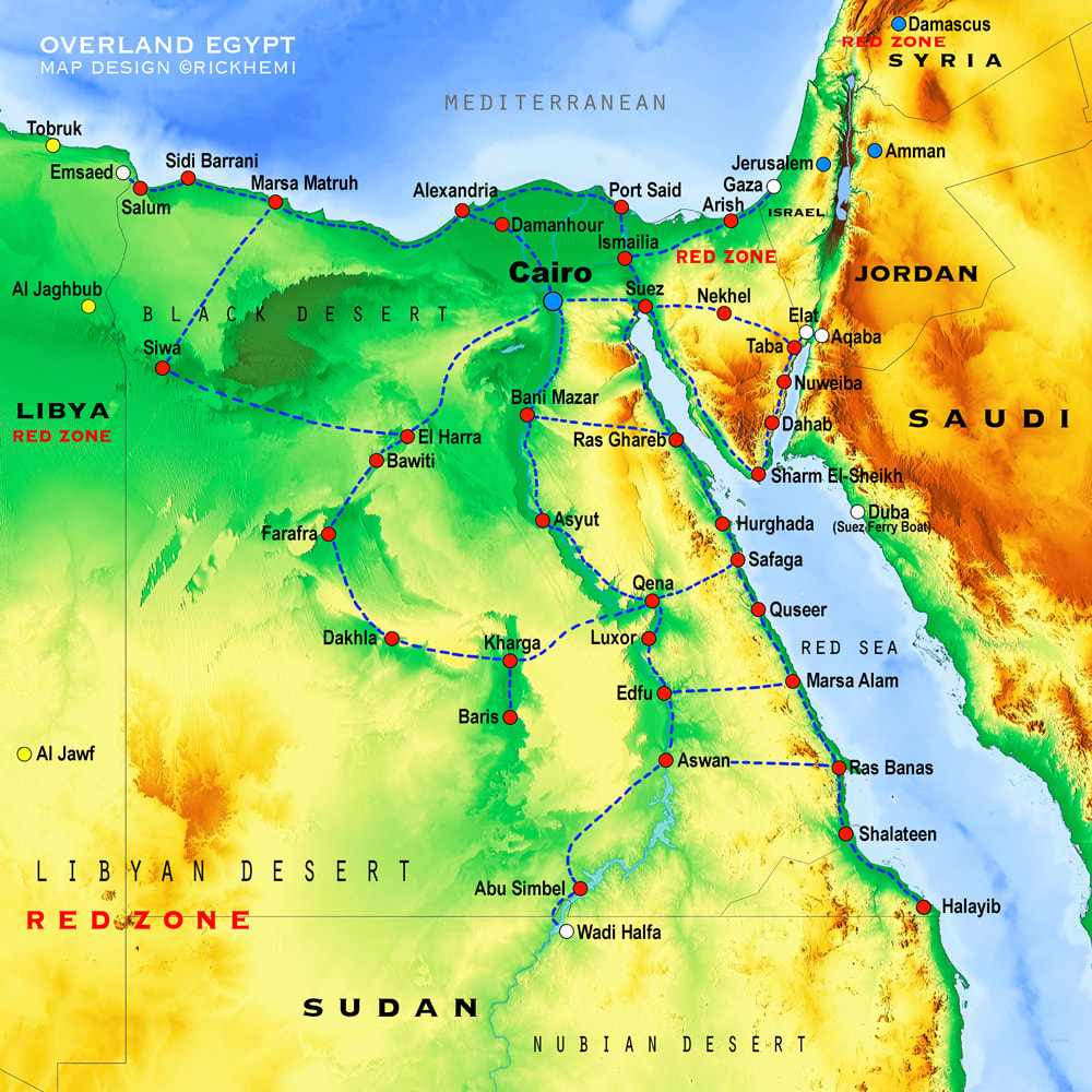 Egypt solo overland transit route map, Egypt to Jordan, Egypt to Sudan, Egypt to Israel, image map by Rick Hemi