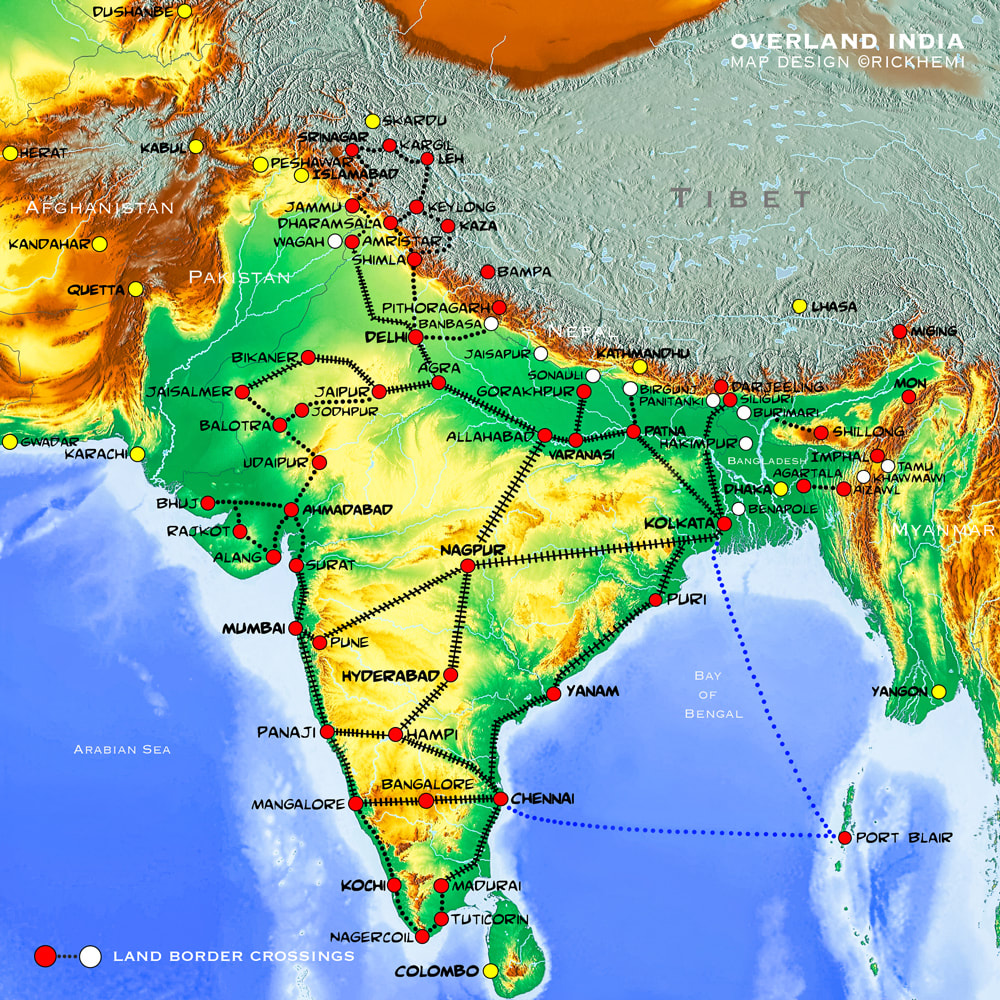 Overland travel transit map India, India-Pakistan, India-Myanmar, India-Nepal, India-Bangladesh transit routes, map image design by Rick Hemi