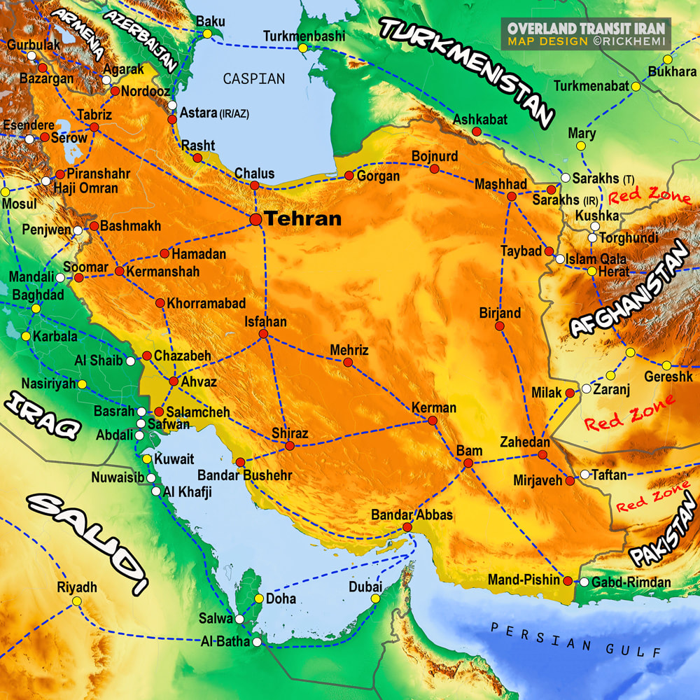 Iranian solo overland travel and transit route map, Iranian overland land border entries-Iraq-Pakistan-Turkey-Armenia-Turkmenistan-Afghanistan-Azerbaijen, map image design by Rick Hemi 