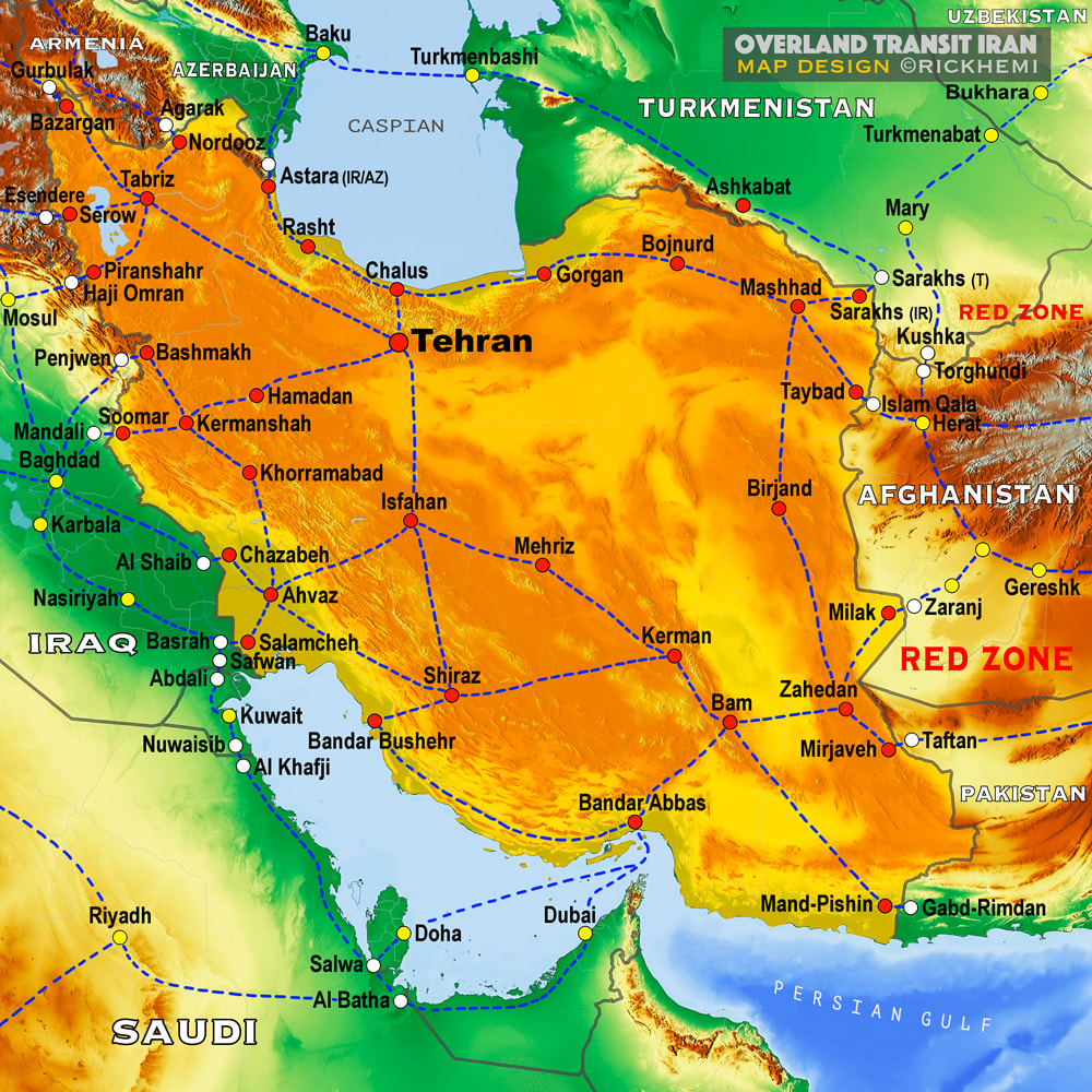 solo overland travel and transit map routes and border crossings Iran, Official border crossings Iran, map design by Rick Hemi