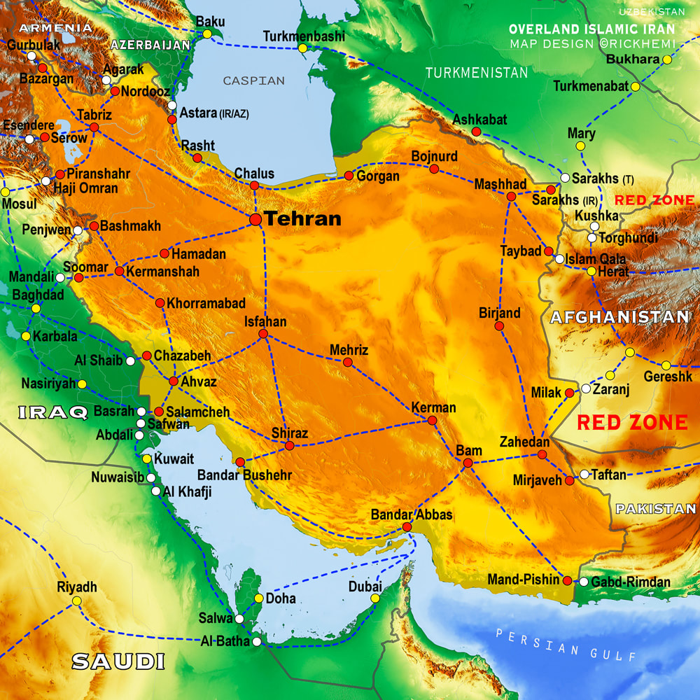 IRAN solo overland travel transit route map, map design by Rick Hemi