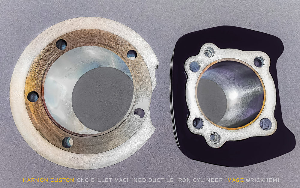 John Harmon shovelhead cylinder comparison, Harmon big twin replacement parts, cylinders, pistons, valves, top end parts, image by Rick Hemi