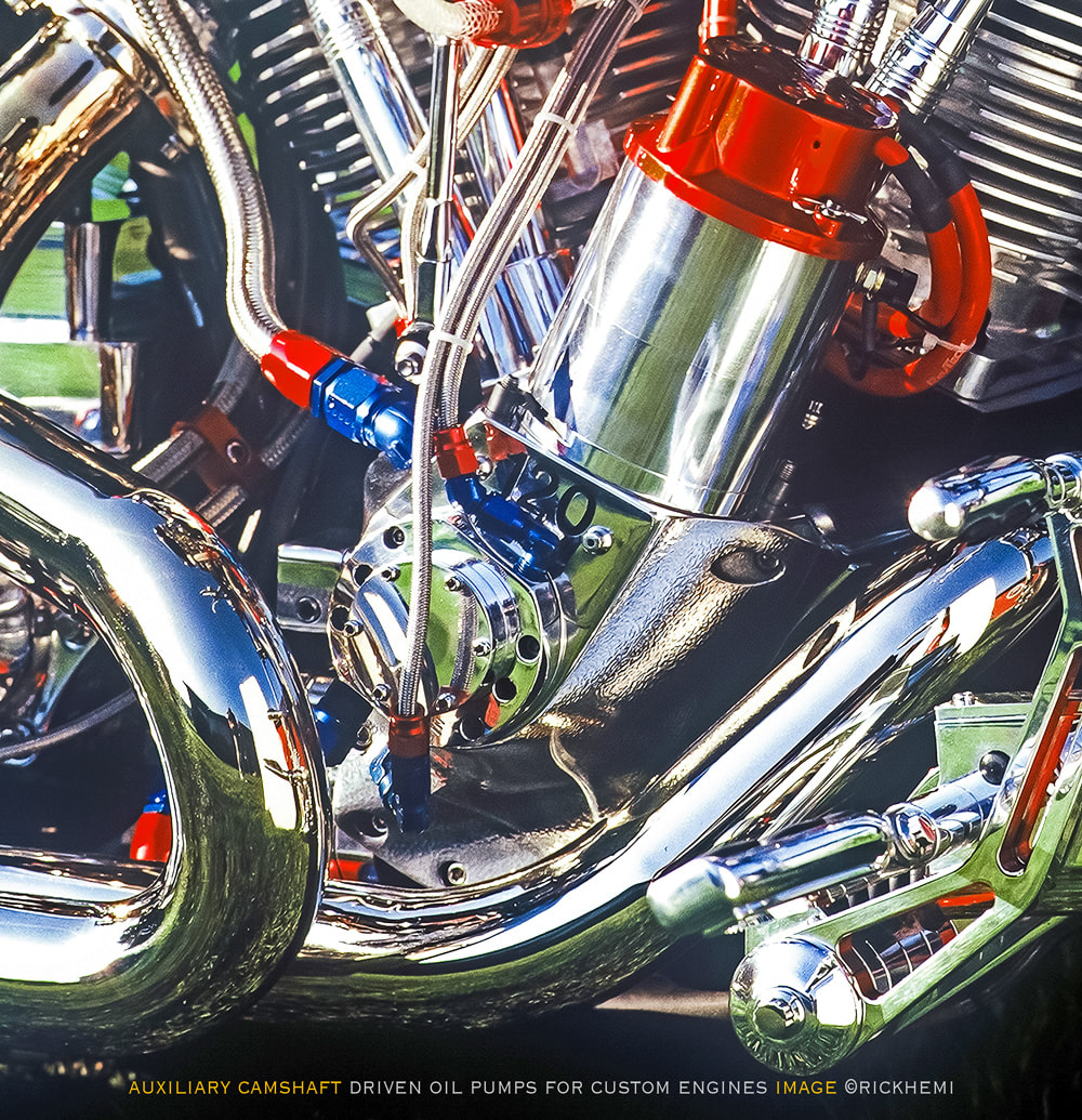 John Harmon 120 cubic inch engine, auxiliary oil pumps, cam side oil pumps, Big Twin John Harmon Shovelhead engine, image by Rick Hemi