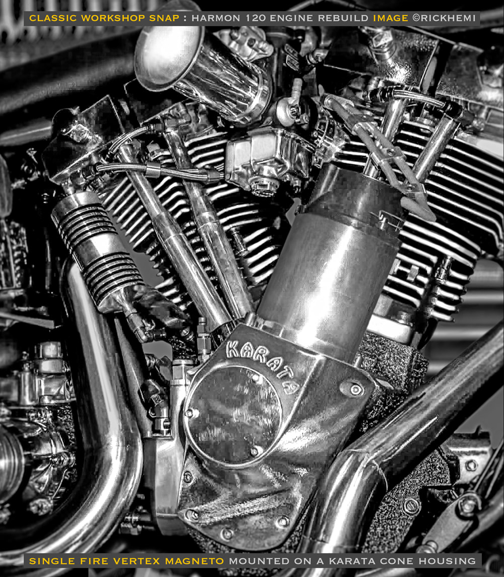 classic old school John Harmon 120 shovelhead engine, Vertex single fire magneto, image by Rick Hemi