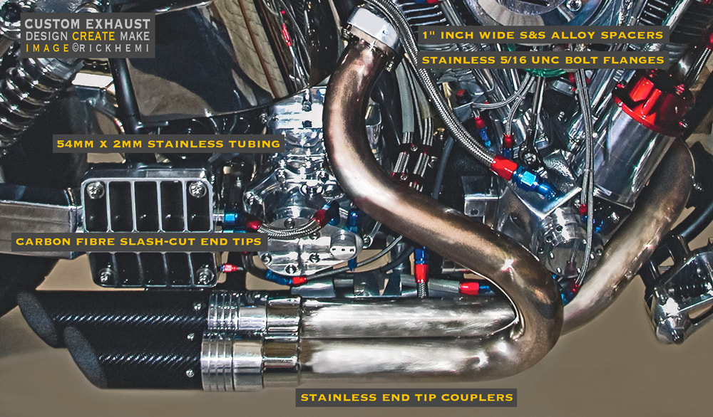 John Harmon 120 shovelhead Big Twin homemade exhaust system, image by Rick Hemi