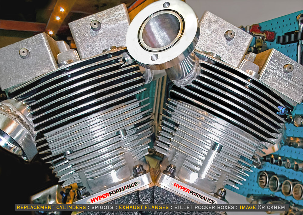 John Harmon 120 Shovelhead engine, replacement parts,  Hyperformance billet machined ductile cylinders, image by Rick Hemi